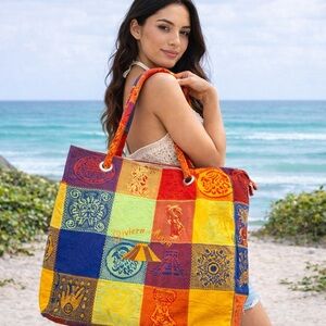 Riviera Maya Colorful Woven Tote Bag Boho Mexican Patchwork Beach Travel Bag